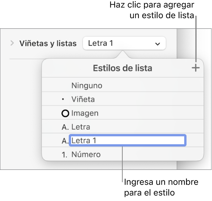 El menú desplegable Estilos de lista con el botón Agregar en la esquina superior derecha y un nombre de estilo de marcador de posición con su texto seleccionado.