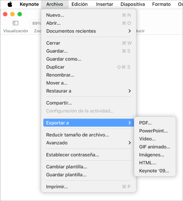 El menú Archivo abierto con la opción Exportar a seleccionada y el submenú donde se muestran las opciones de exportación a PDF, PowerPoint, Video, HTML, Imágenes y Keynote '09.