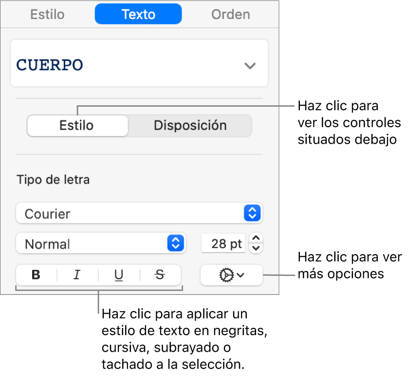 Los controles de estilo de la barra lateral con texto que indica los botones Negrita, Cursiva, Subrayado y Tachado.