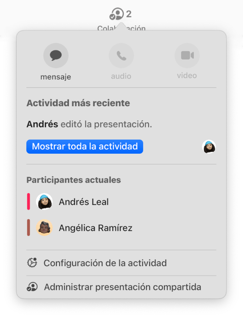 El menú de colaboración mostrando los nombres de las personas que colaboran en la presentación.