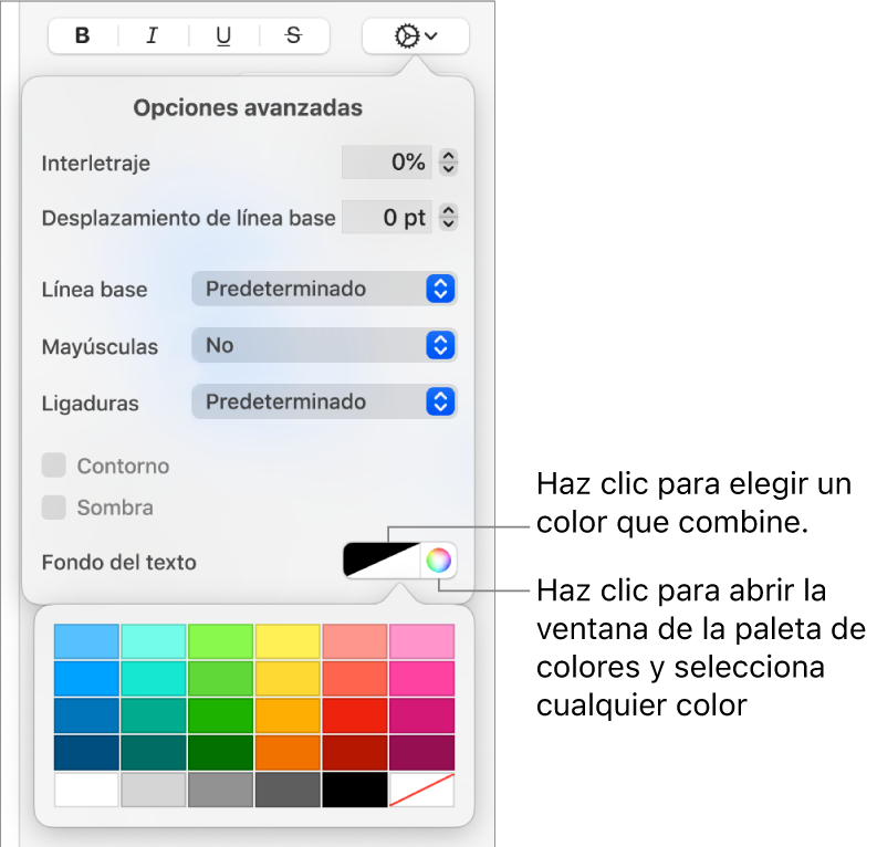 Controles para elegir un color de fondo del texto.