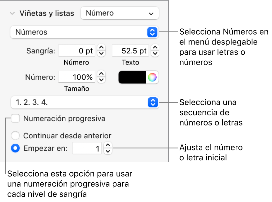 Controles para cambiar el estilo de numeración y el espaciado de una lista.