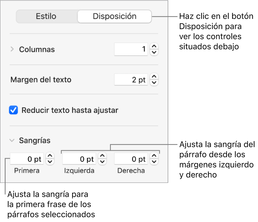 La sección Disposición de la barra lateral Formato con controles para ajustar la sangría de la primera línea y los márgenes de párrafo.