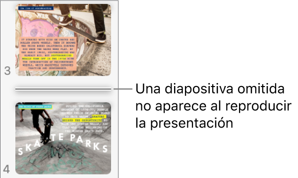 El navegador de diapositivas con una diapositiva omitida mostrándose como línea horizontal.