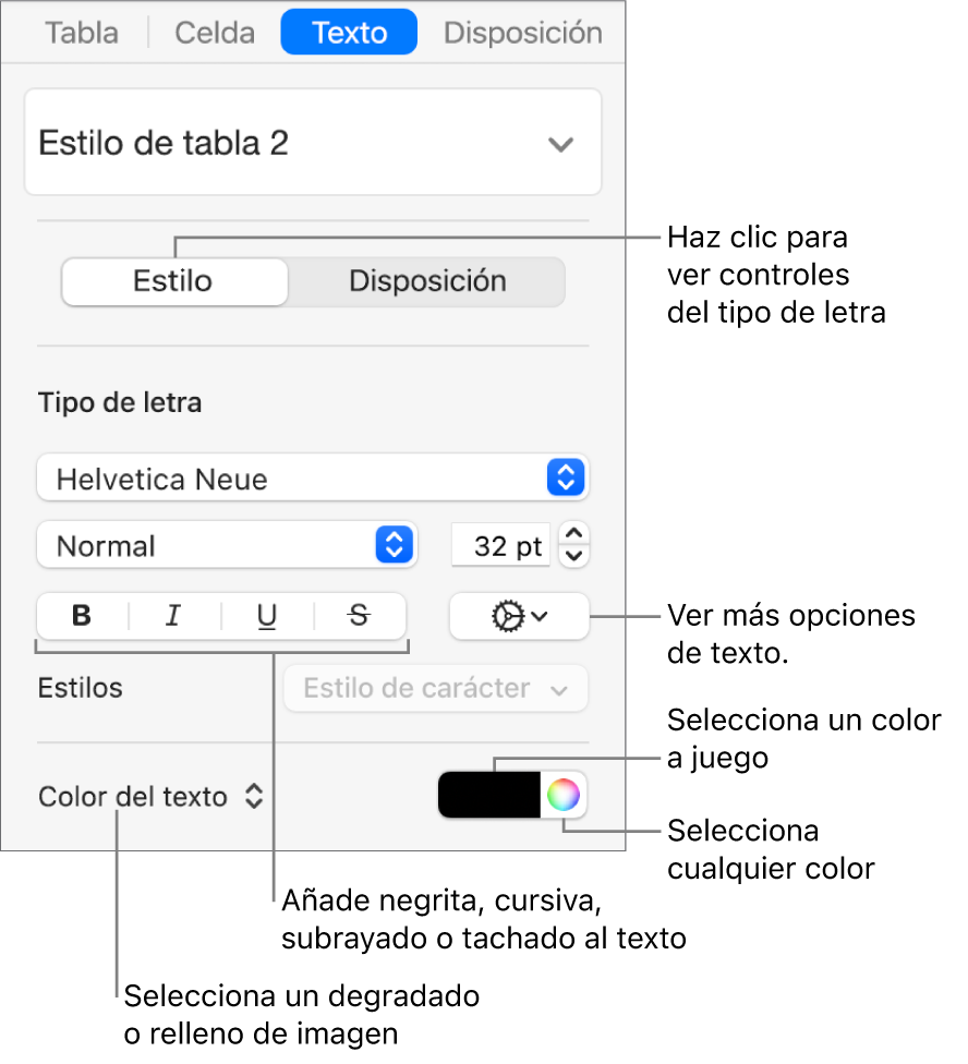 Los controles para aplicar un estilo a texto de la tabla.