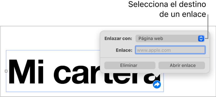 Controles del editor de enlaces con la opción “Página web” seleccionada y los botones Eliminar y “Abrir enlace” en la parte inferior.