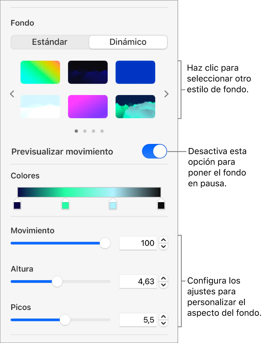 El botón Dinámico seleccionado en la sección Fondo de la barra lateral Formato con los estilos de fondo dinámico, el control de previsualización del movimiento y los controles de aspecto.