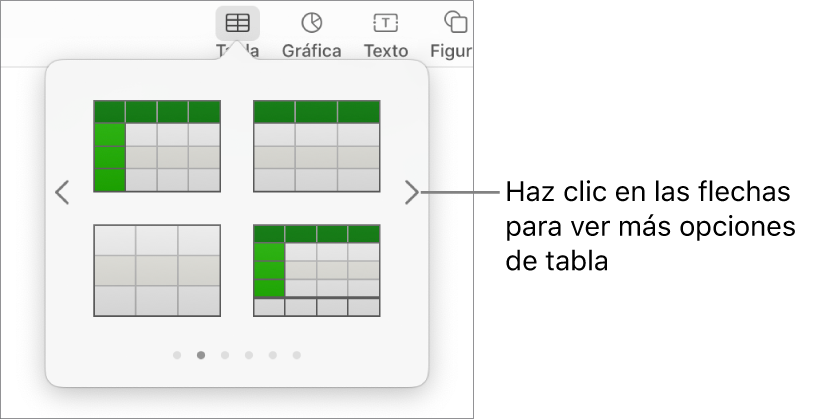 Panel “Añadir tabla” con flechas de navegación a la izquierda y a la derecha.