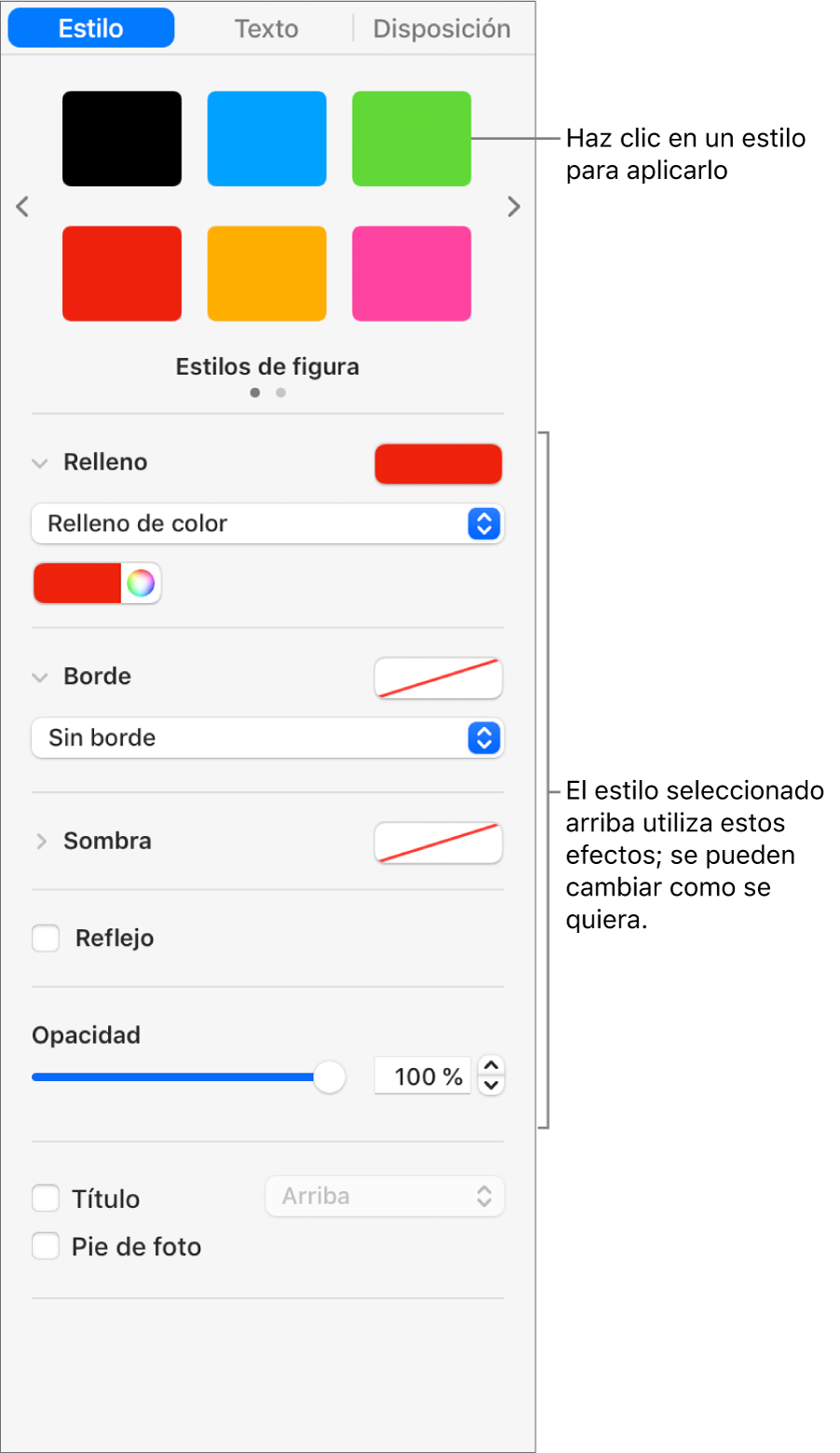 Estilos y opciones de figura en la sección Formato de la barra lateral.