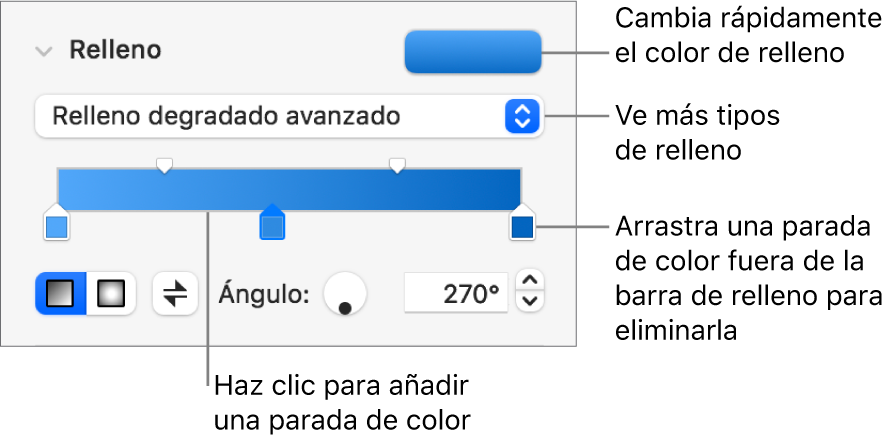 Controles para rellenar objetos con colores.