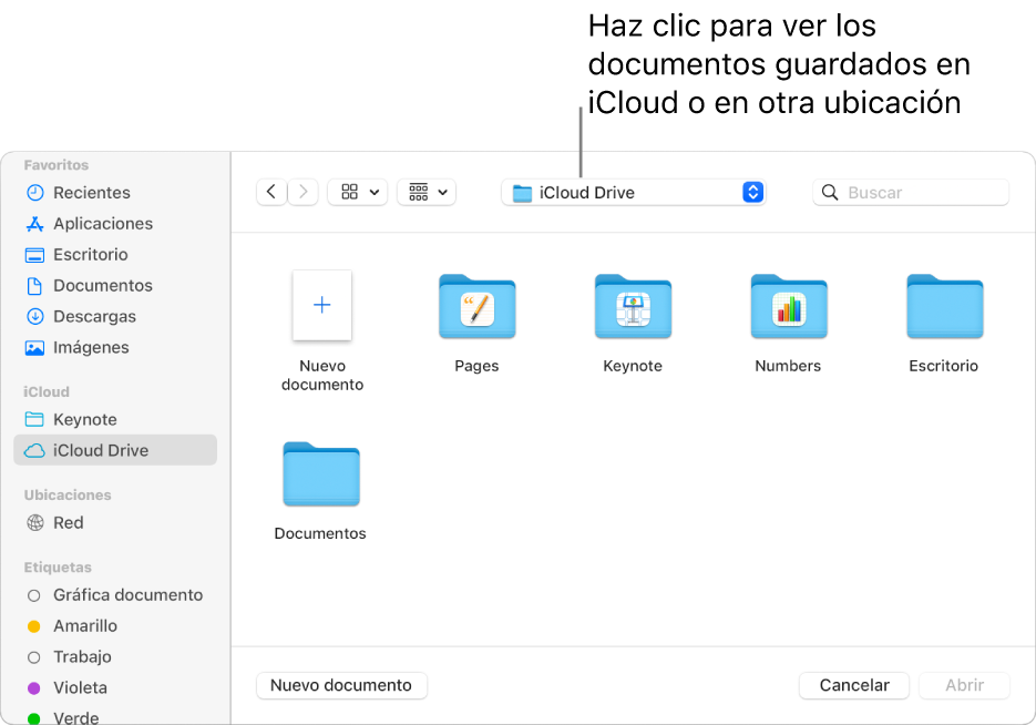 El cuadro de diálogo Abrir con la barra lateral abierta a la izquierda y iCloud Drive seleccionado en el menú desplegable en la parte superior. En el cuadro de diálogo aparecen carpetas para Keynote, Numbers y Pages, junto con un botón “Nuevo documento”.