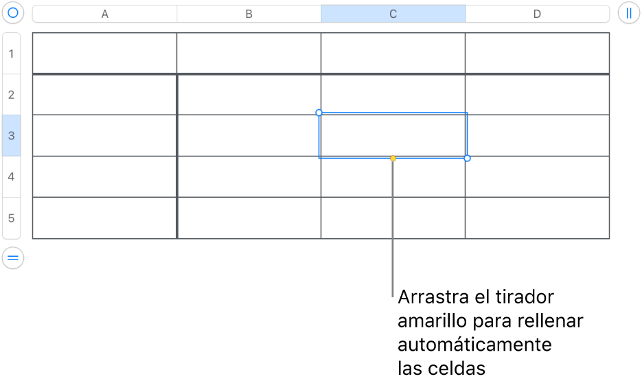 Una celda seleccionada con un tirador amarillo que puedes arrastrar para autorrellenar celdas.