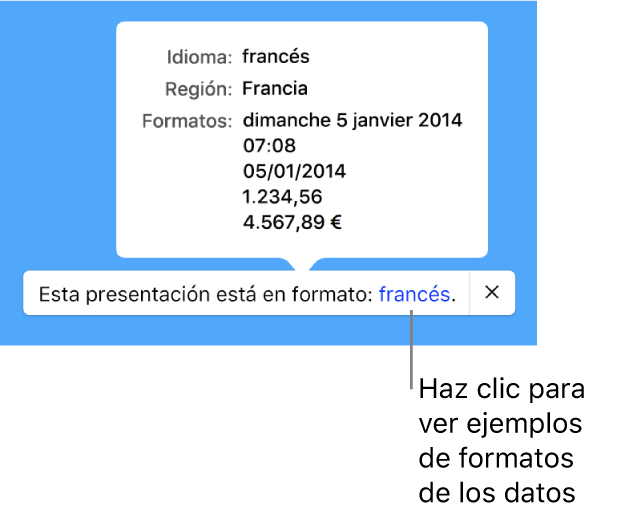 La notificación del ajuste de idioma y formato distinto, con ejemplos del formato en ese idioma y región.
