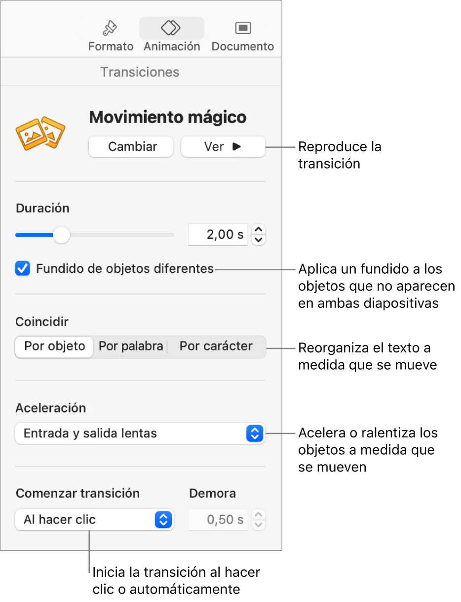 Controles de la transición “Movimiento mágico” en la sección Transiciones de la barra lateral Animar.