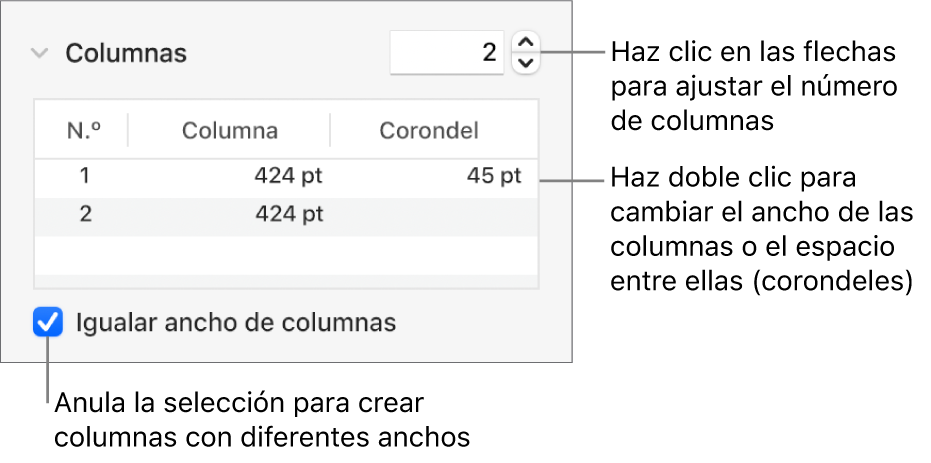 Controles de la sección de columnas para cambiar el número de columnas y la anchura de cada columna.