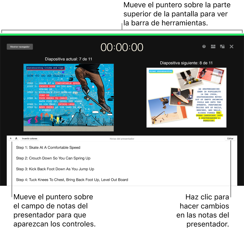 La pantalla del presentador de Keynote con botones para abrir y cerrar el navegador de diapositivas y las opciones de visualización en la parte superior de la pantalla. La diapositiva actual y siguiente están en la mitad de la pantalla y el campo “Notas del presentador”, en la parte inferior.
