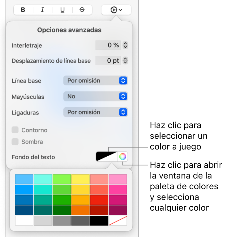 Controles para elegir un color de fondo para el texto.