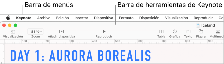La barra de menús situada en la parte superior de la pantalla con los menús Apple, Keynote, Archivo, Edición, Insertar, Formato, Disposición, Visualización, Reproducir, Compartir, Ventana y Ayuda. Debajo de la barra de menús hay una presentación abierta de Keynote con los botones Visualización, Zoom, “Añadir diapositiva”, Reproducir, Tabla, Gráfica, Texto, Figura y Multimedia de la barra de herramientas por la parte superior.