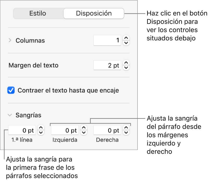 La sección Disposición de la barra lateral Formato con controles para ajustar la sangría de la primera línea y los márgenes de párrafo.