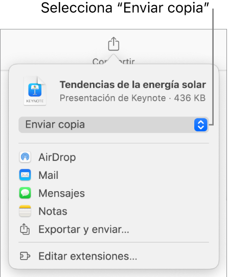 El menú Compartir con la opción “Enviar copia” seleccionada en la parte superior.