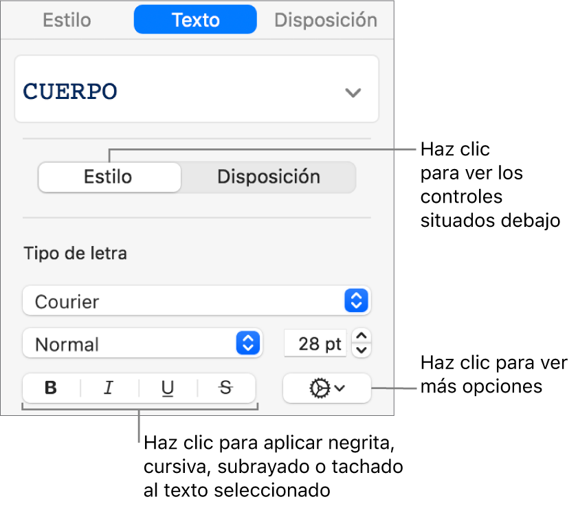 Los controles de Estilo de la barra lateral con llamadas a los botones de Negrita, Cursiva, Subrayado y Tachado.