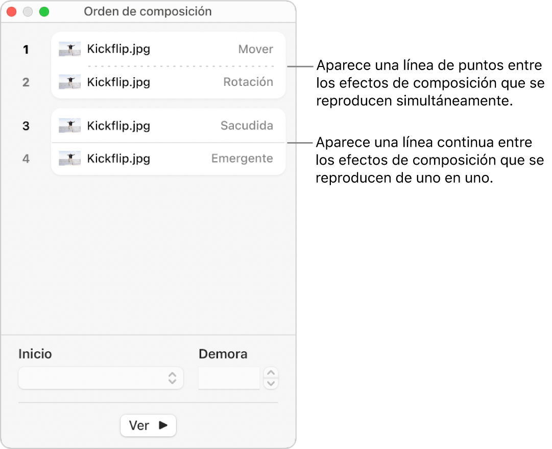 El menú “Orden de composición” con una línea de puntos entre los efectos de composición que se reproducen simultáneamente y una línea continua entre los efectos de composición que se reproducen de uno en uno.