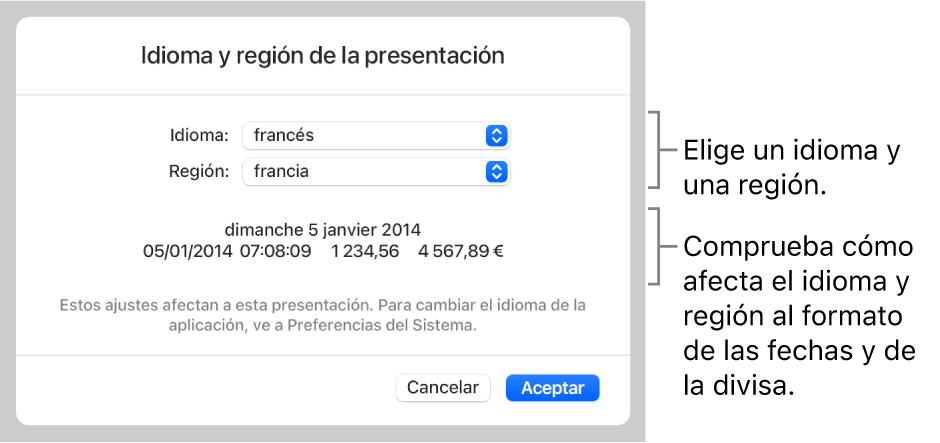 Panel “Idioma y región” con controles para el idioma y la región, y un ejemplo de formato que incluye la fecha, la hora, los decimales y la divisa.