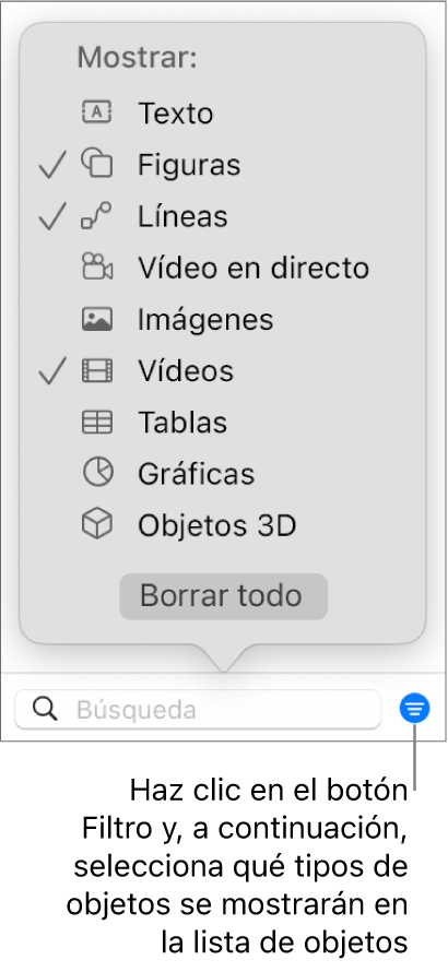 El menú desplegable Filtrar abierto, con una lista de los tipos de objeto que puedes incluir la lista (texto, formas, líneas, imágenes, vídeos, tablas y gráficas).