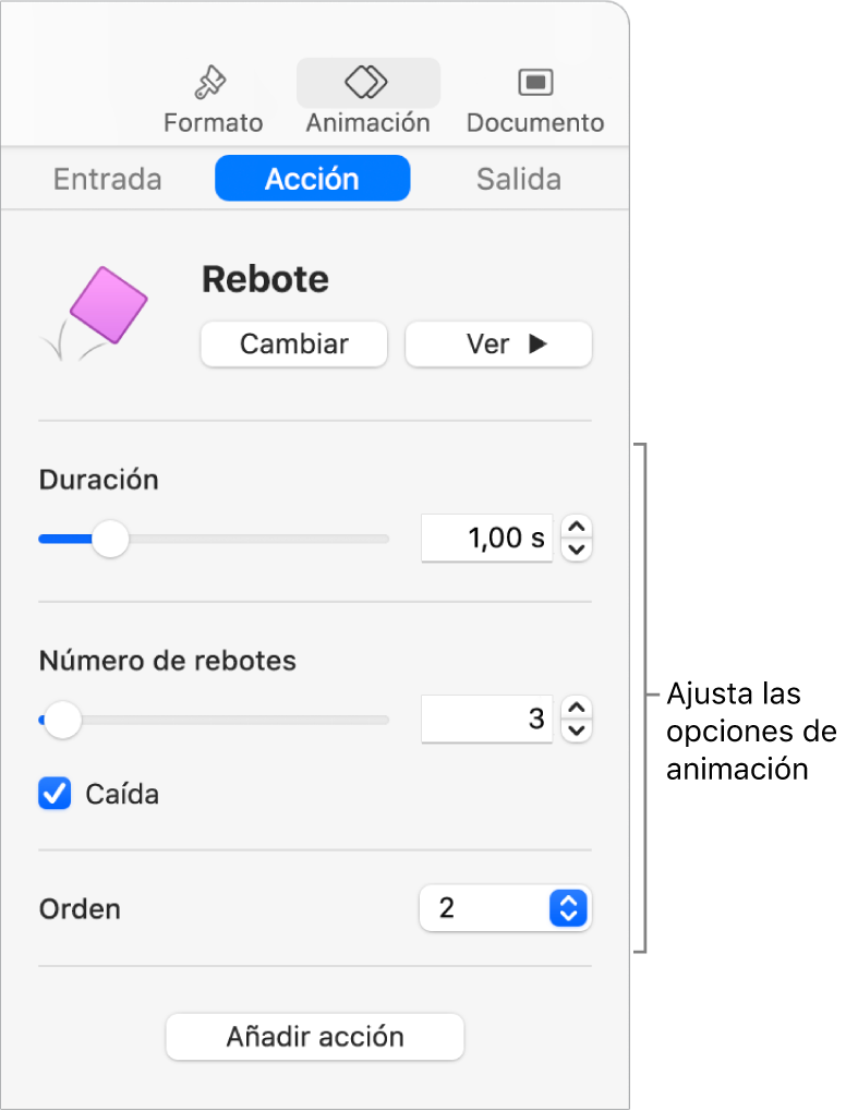 Controles de Acción en la sección Animación de la barra lateral.