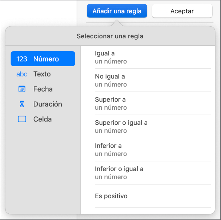 Controles para ajustar el resaltado condicional.