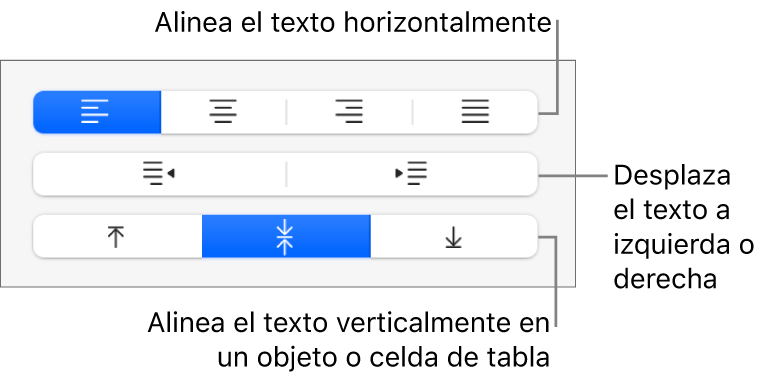 La sección Alineación de la barra lateral con botones para alinear el texto horizontalmente, mover el texto a izquierda o derecha y alinear el texto verticalmente.