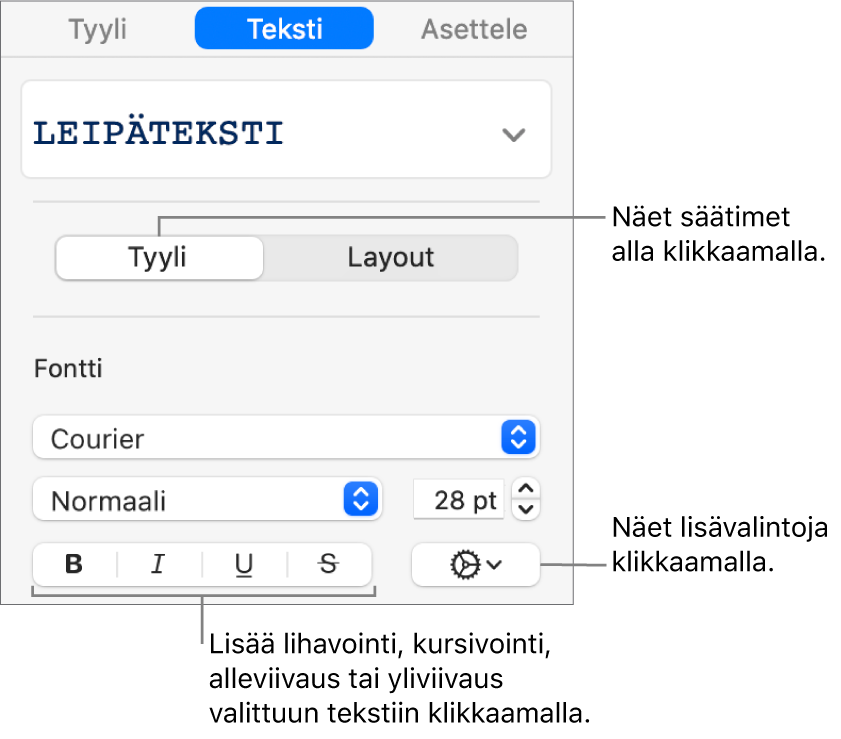 Sivupalkin Tyyli-säätimet ja selitteet Lihavoi-, Kursivoi-, Alleviivaa- ja Yliviivaa-painikkeisiin.