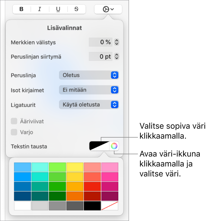 Tekstin taustavärin valinnan säätimet.