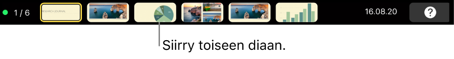 MacBook Pron Touch Bar, jossa on esityssäätimet esityksestä poistumiseen, siirtymiseen toiselle dialle ja esittäjän näytön vaihtamiselle.