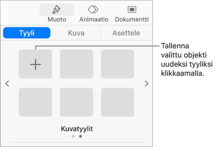 Muoto-sivupalkin Tyyli-välilehti, jossa on yksi tekstilaatikkotyyli, Luo tyyli -painike sen oikealla puolella ja neljä tyhjää tyylien paikanvaraajaa.