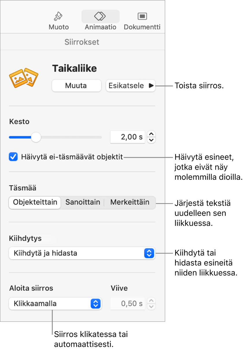 Taikaliike-siirrossäätimet Animaatio-sivupalkin Siirrokset-osiossa.