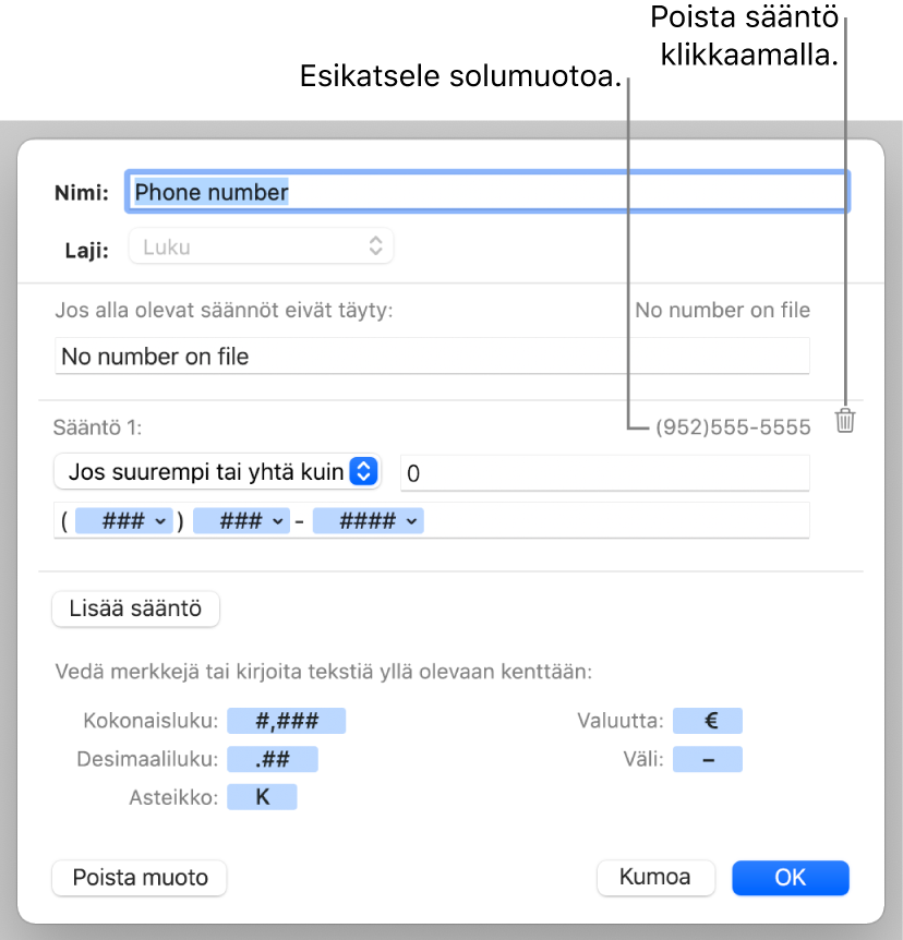 Muokattu numerosolumuoto, joka sisältää sääntöjä.
