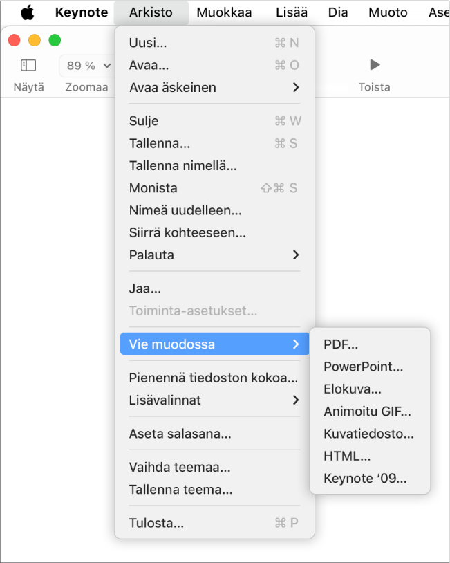 Avoin Arkisto-valikko, jossa on Vie muodossa ‑vaihtoehto valittuna ja jonka alavalikossa näkyvät PDF-, PowerPoint-, Elokuva-, HTML-, Kuvat- ja Keynote '09 ‑vientivalinnat.