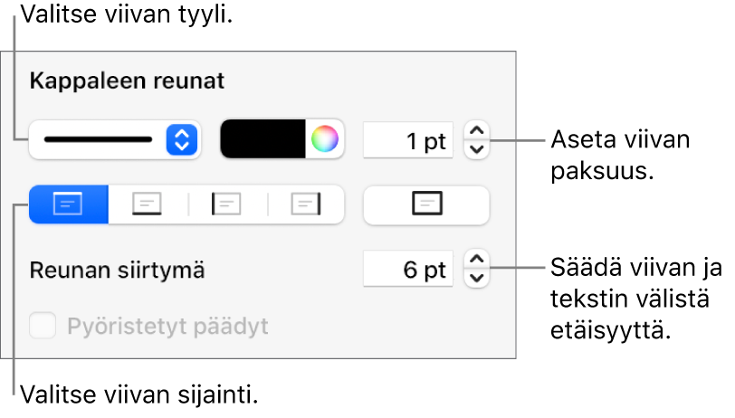 Säätimiä viivan tyylin, paksuuden, sijainnin ja värin muuttamiseen.