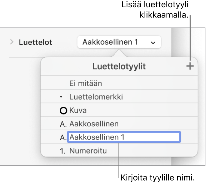 Luettelotyylit-ponnahdusvalikko, jossa oikeassa yläkulmassa on lisäyspainike ja paikanvaraajatyylin nimi, jonka teksti on valittuna.