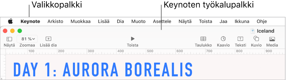 Näytön yläosassa on valikkorivi, jossa on Omena-, Keynote-, Arkisto-, Muokkaa-, Lisää-, Muoto-, Järjestä-, Näytä-, Jako-, Toista-, Ikkuna- ja Ohje-valikot. Valikkorivin alla on avoin Keynote-esitys, jonka yläosassa on seuraavat työkalupalkin painikkeet: Näytä, Zoomaa, Lisää dia, Toista, Taulukko, Kaavio, Teksti, Kuvio ja Media.