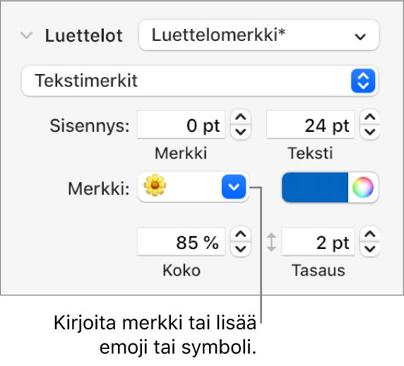 Muoto-sivupalkin Luettelot-osio. Luettelomerkki-kenttä, jossa näkyy kukkaemoji.