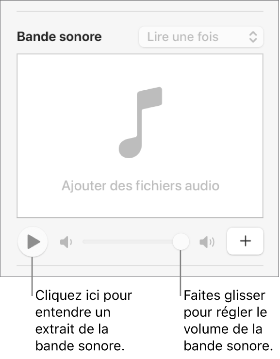 Les commandes Bande sonore avec le bouton Lecture et le curseur de volume en évidence.