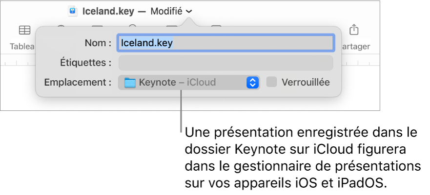 La zone de dialogue d’enregistrement d’une présentation avec Keynote (iCloud dans le menu contextuel Emplacement).