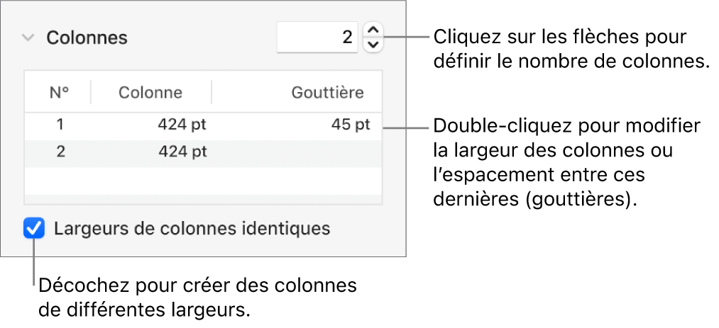 Commandes de la section Colonnes permettant de modifier le nombre de colonnes et leurs largeurs.