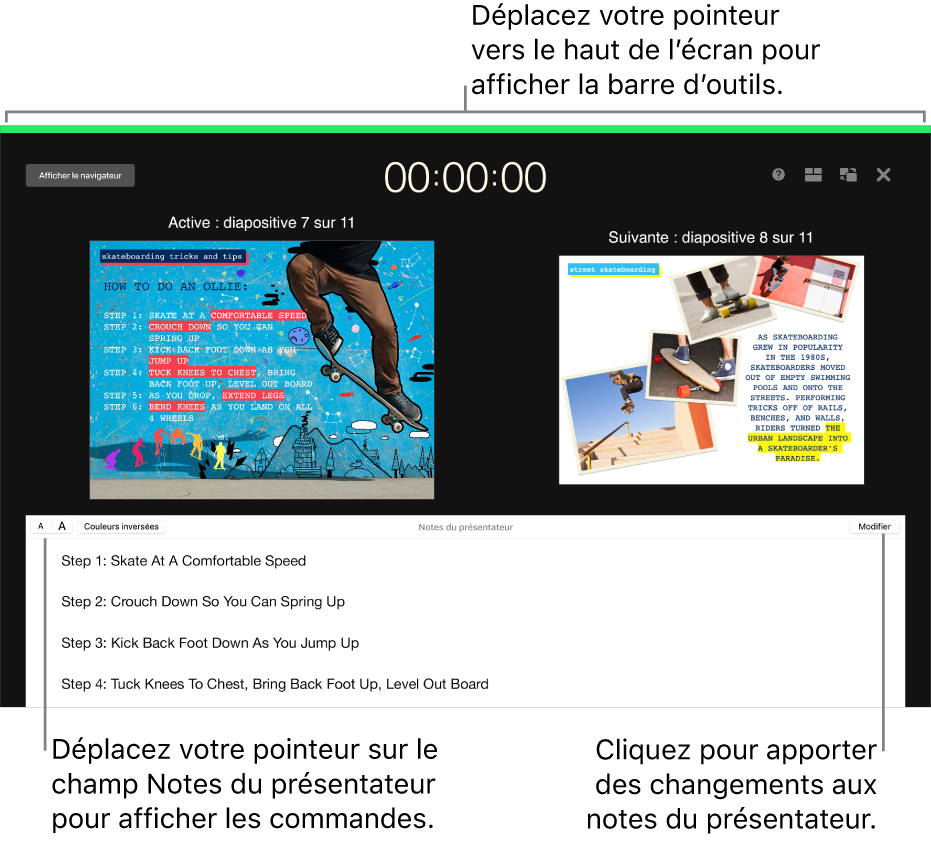 L’affichage du présentateur Keynote comportant des boutons pour ouvrir et fermer le navigateur de diapositives et afficher les options en haut de l’écran. La diapositive active et la diapositive suivante au milieu de l’écran, avec le champ Notes du présentateur affiché en bas.