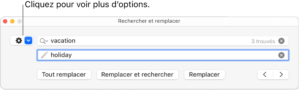 La fenêtre Rechercher et remplacer accompagnée d’une légende pour le menu contextuel qui affiche plus d’options.