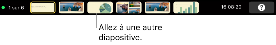 La Touch Bar du MacBook Pro avec les commandes de présentation pour la quitter, passer d’une diapositive à l’autre et changer l’affichage du présentateur.