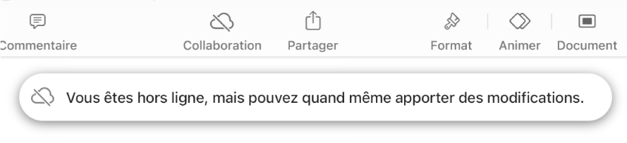 Les boutons en haut de l’écran, avec le bouton Collaboration qui se transforme en un nuage traversé par une ligne diagonale. Une alerte à l’écran indique « Vous êtes hors ligne, mais pouvez quand même apporter des modifications ».