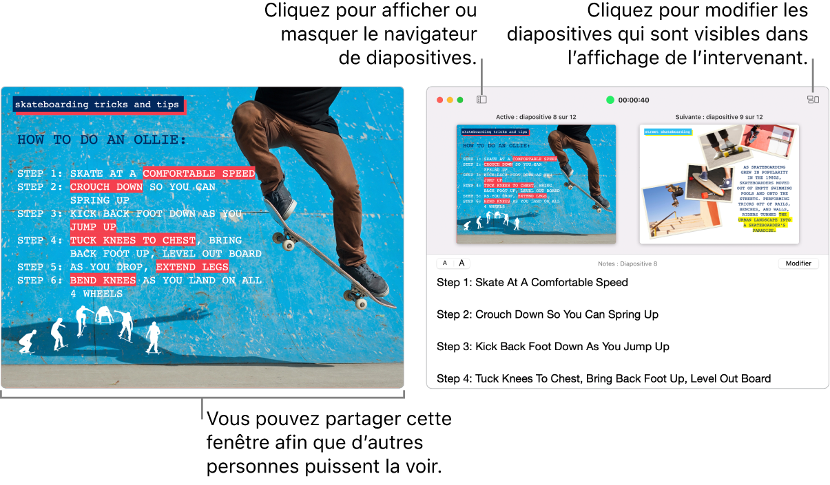 Une présentation Keynote affichée dans une fenêtre avec l’affichage du présentateur dans une seconde fenêtre qui contient le navigateur de diapositives, les notes du présentateur et l’aperçu des diapositives.